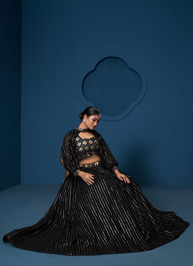 Georgette Sequence Work Black Crop Top Skirt With Choker Sleeves