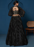 Georgette Sequence Work Black Crop Top Skirt With Choker Sleeves