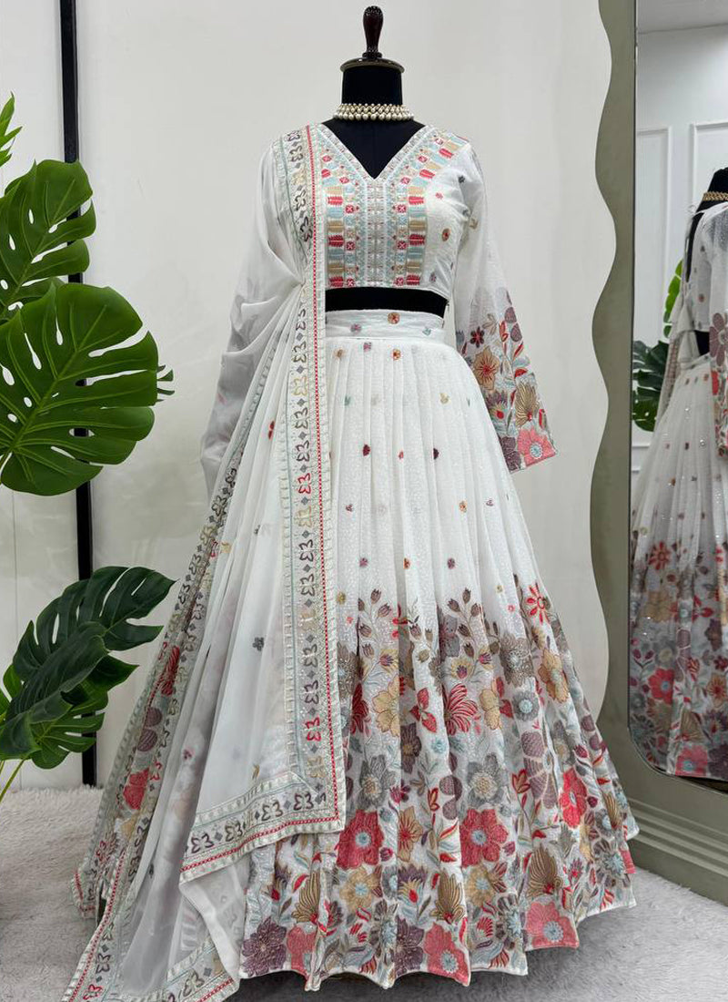 Glamorous White Floral Embroidered Party Wear Georgette Lehenga Choli