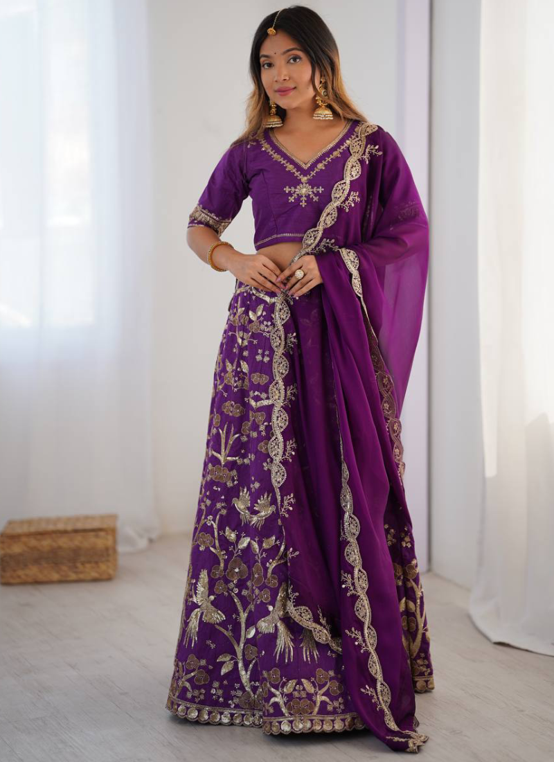 Glamorous Zari Sequence Work Art Silk Purple Indian Wear Lehenga Choli