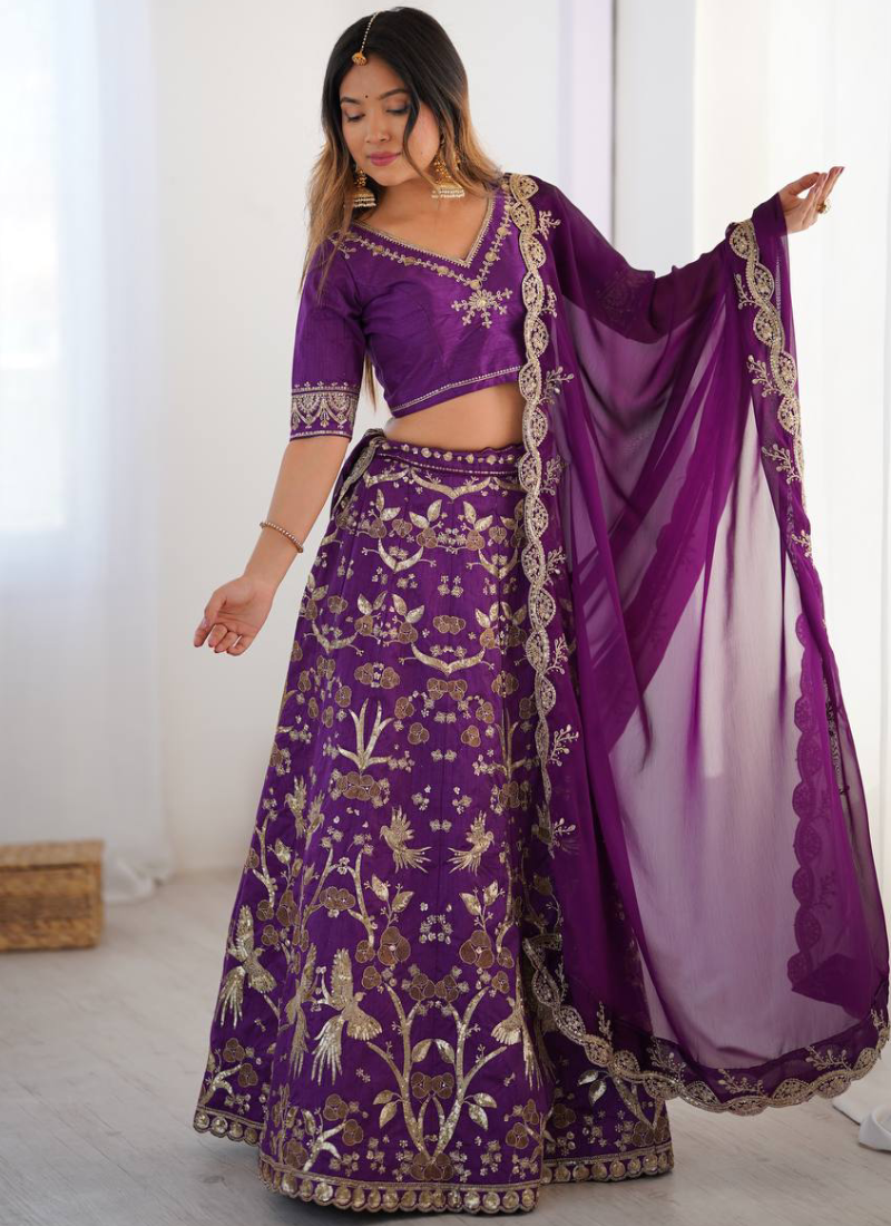 Glamorous Zari Sequence Work Art Silk Purple Indian Wear Lehenga Choli