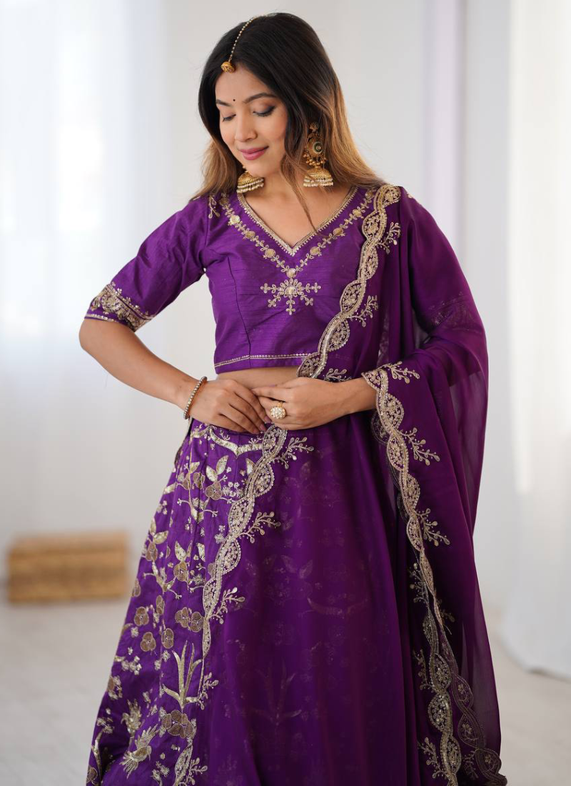 Glamorous Zari Sequence Work Art Silk Purple Indian Wear Lehenga Choli