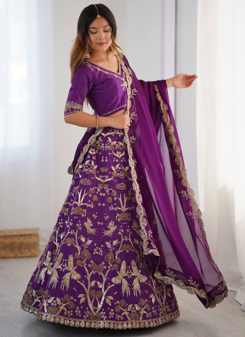Glamorous Zari Sequence Work Art Silk Purple Indian Wear Lehenga Choli