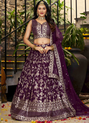 Glamorous Zari Weaving Sequence Jacquard Silk Wine Lehenga Choli Set