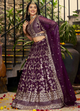 Glamorous Zari Weaving Sequence Jacquard Silk Wine Lehenga Choli Set