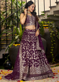 Glamorous Zari Weaving Sequence Jacquard Silk Wine Lehenga Choli Set