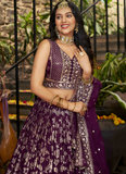Glamorous Zari Weaving Sequence Jacquard Silk Wine Lehenga Choli Set