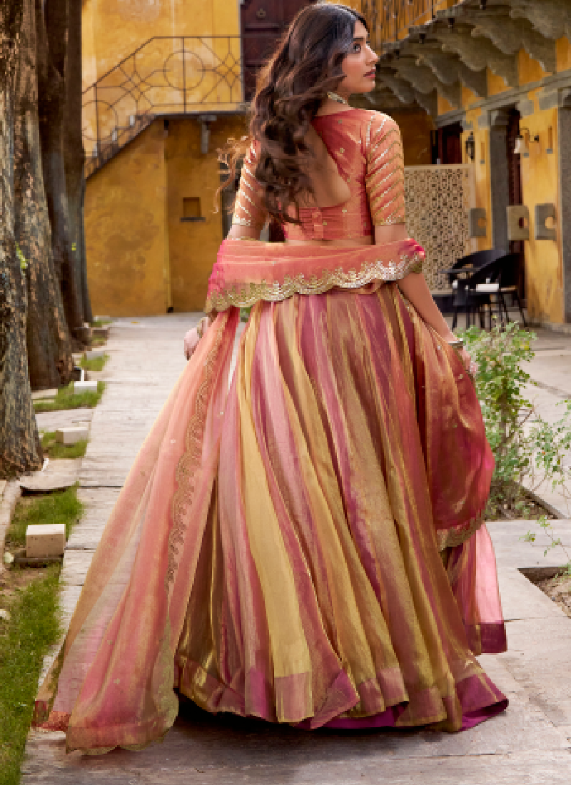 Gold Pink Organza Silk Plain Lehenga With Zari Embroidered Blouse