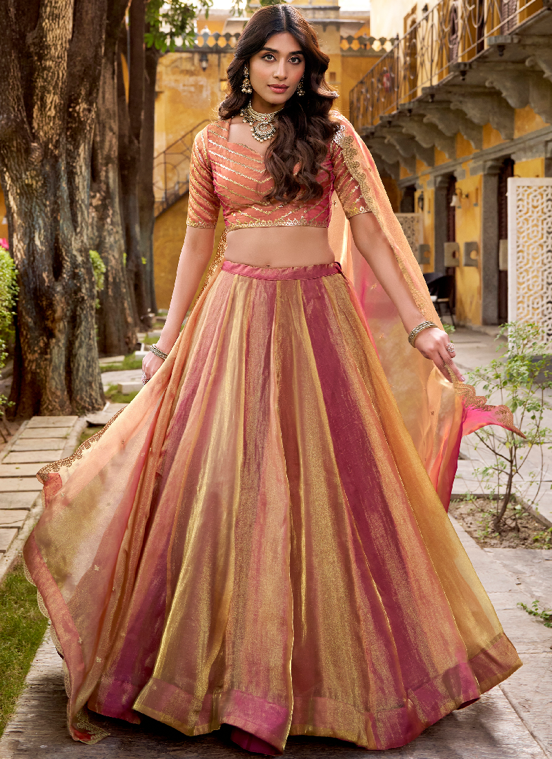 Gold Pink Organza Silk Plain Lehenga With Zari Embroidered Blouse