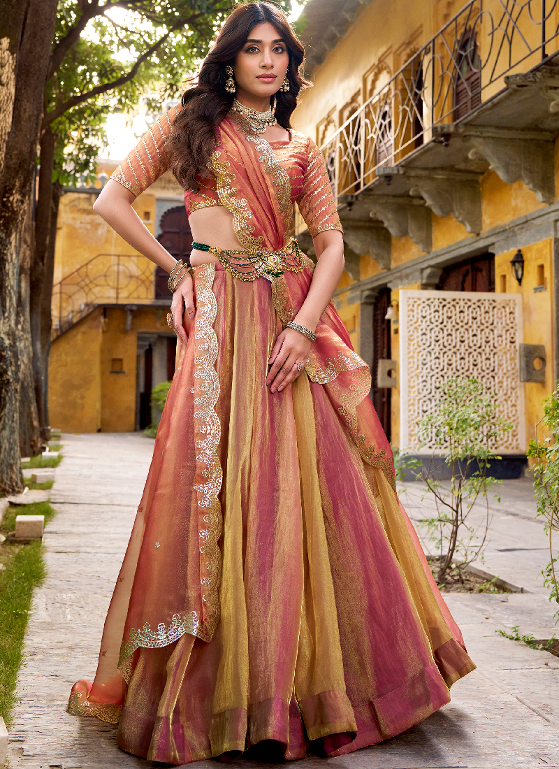 Gold Pink Organza Silk Plain Lehenga With Zari Embroidered Blouse