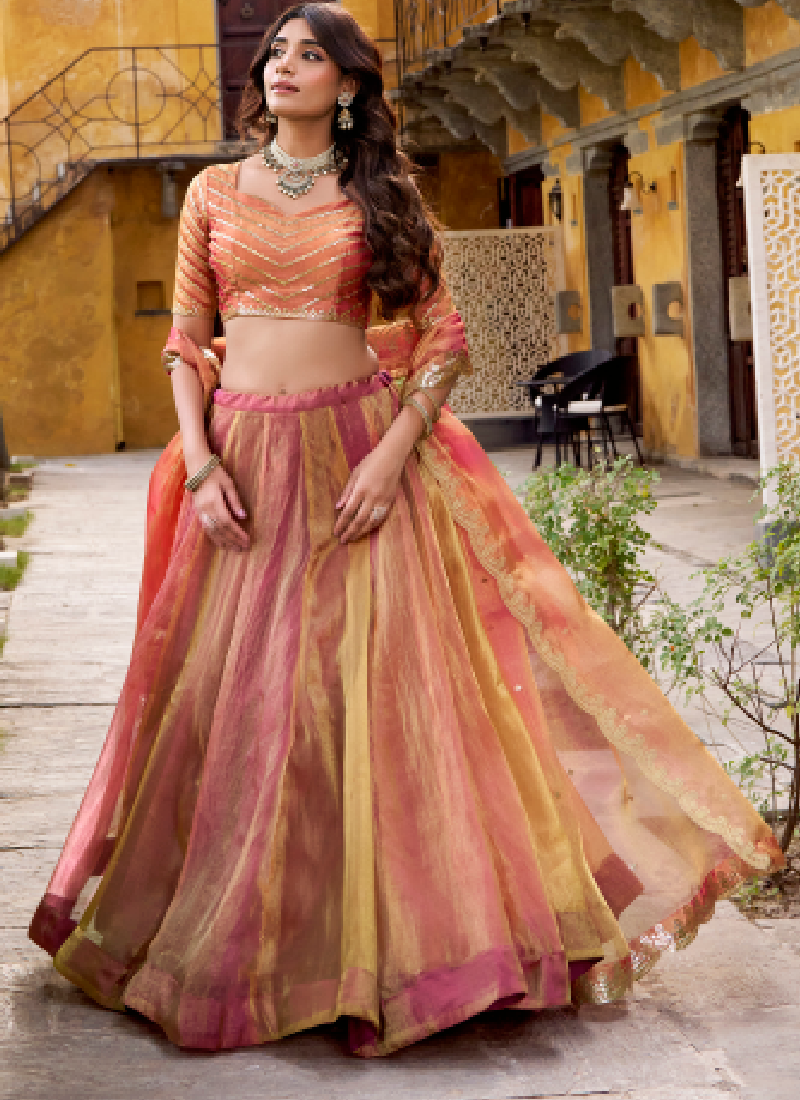 Gold Pink Organza Silk Plain Lehenga With Zari Embroidered Blouse