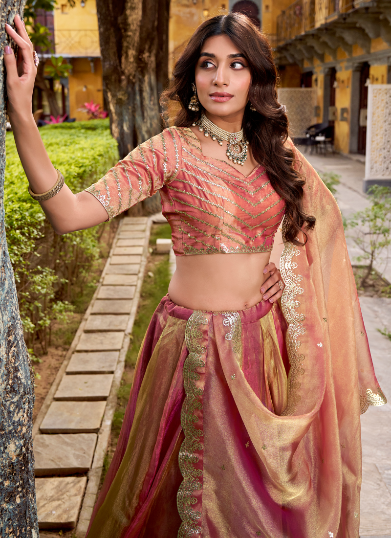 Gold Pink Organza Silk Plain Lehenga With Zari Embroidered Blouse