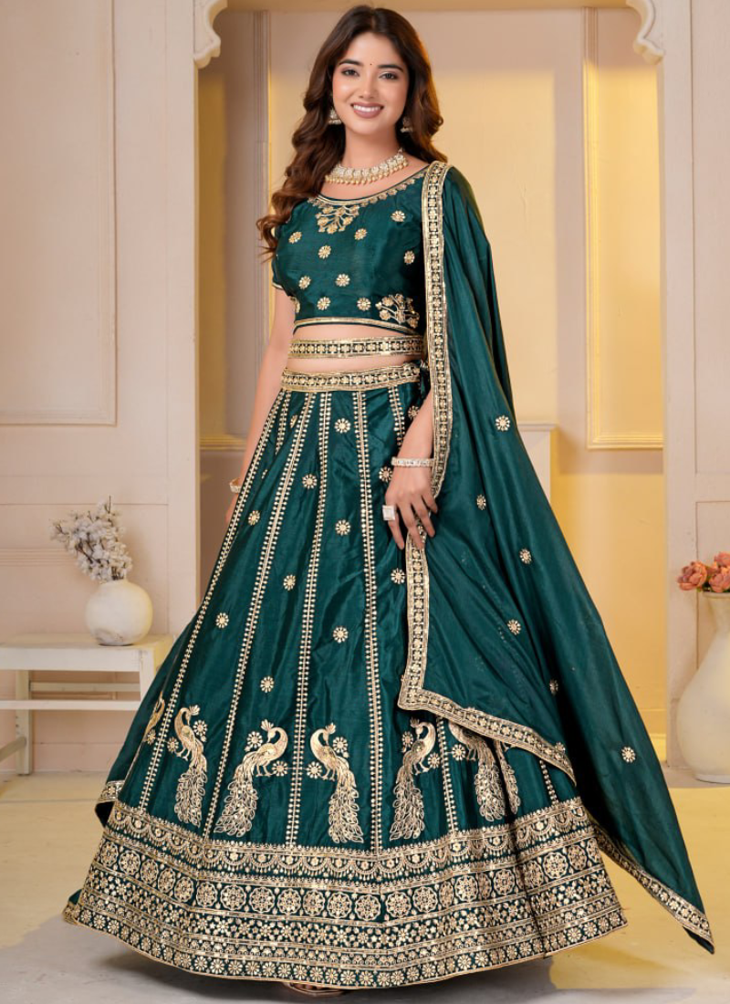 Gorgeous Green Heavy Sequence Embroidery Chinon Silk Lehenga Choli Set