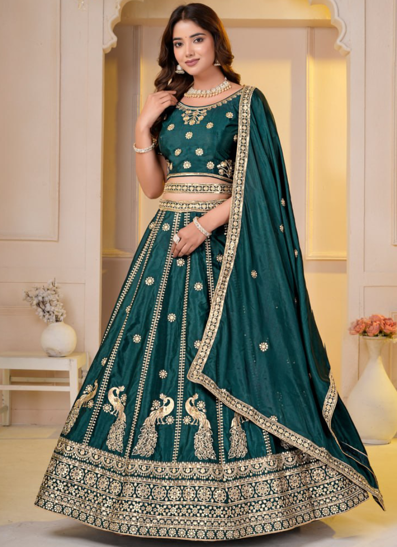 Gorgeous Green Heavy Sequence Embroidery Chinon Silk Lehenga Choli Set