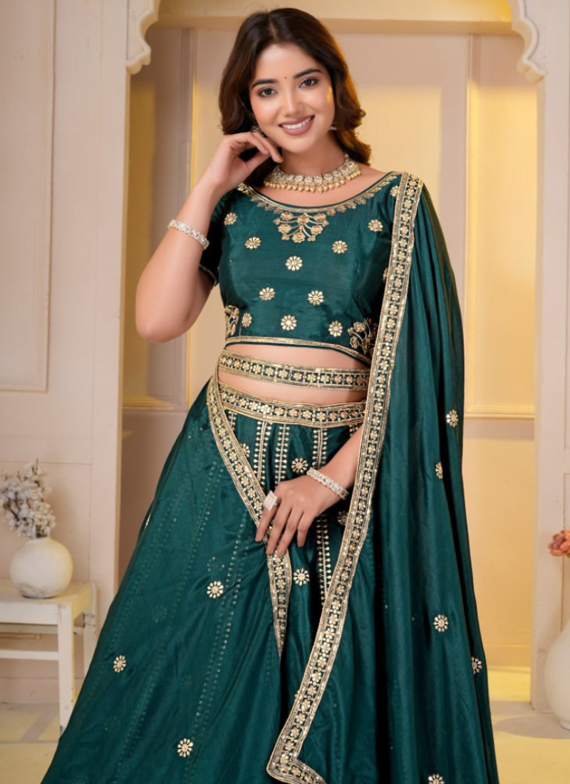 Gorgeous Green Heavy Sequence Embroidery Chinon Silk Lehenga Choli Set