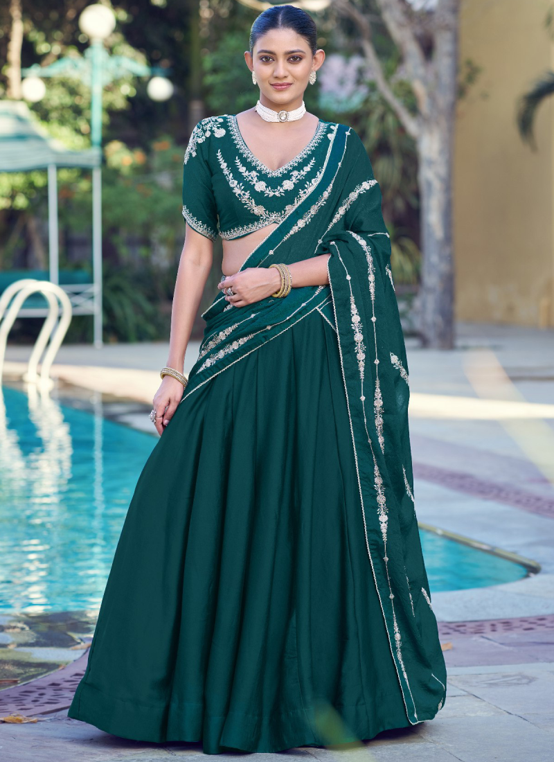 Gorgeous Sequence Embroidered Green Rangoli Crush Silk Lehenga Choli
