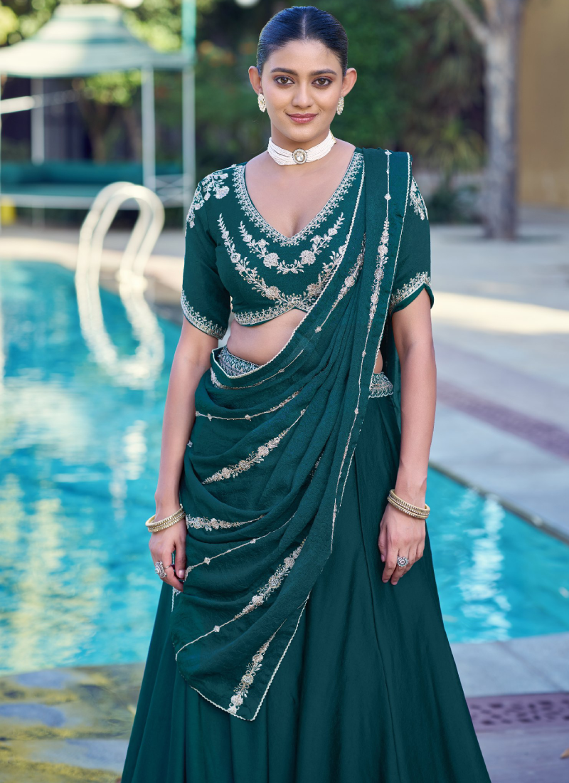 Gorgeous Sequence Embroidered Green Rangoli Crush Silk Lehenga Choli