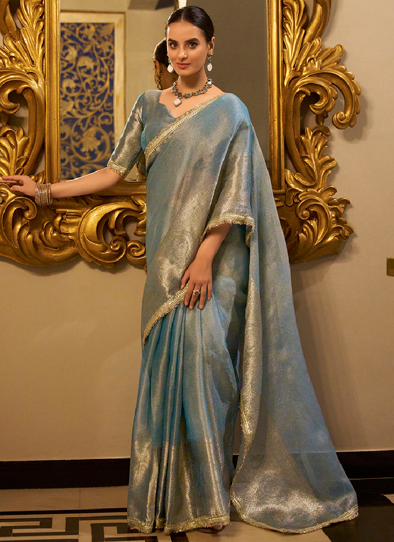 Gorgeous Tissue Silk Wedding Wear Zari Weaving Sky Blue Saree