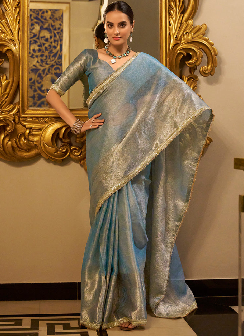 Gorgeous Tissue Silk Wedding Wear Zari Weaving Sky Blue Saree