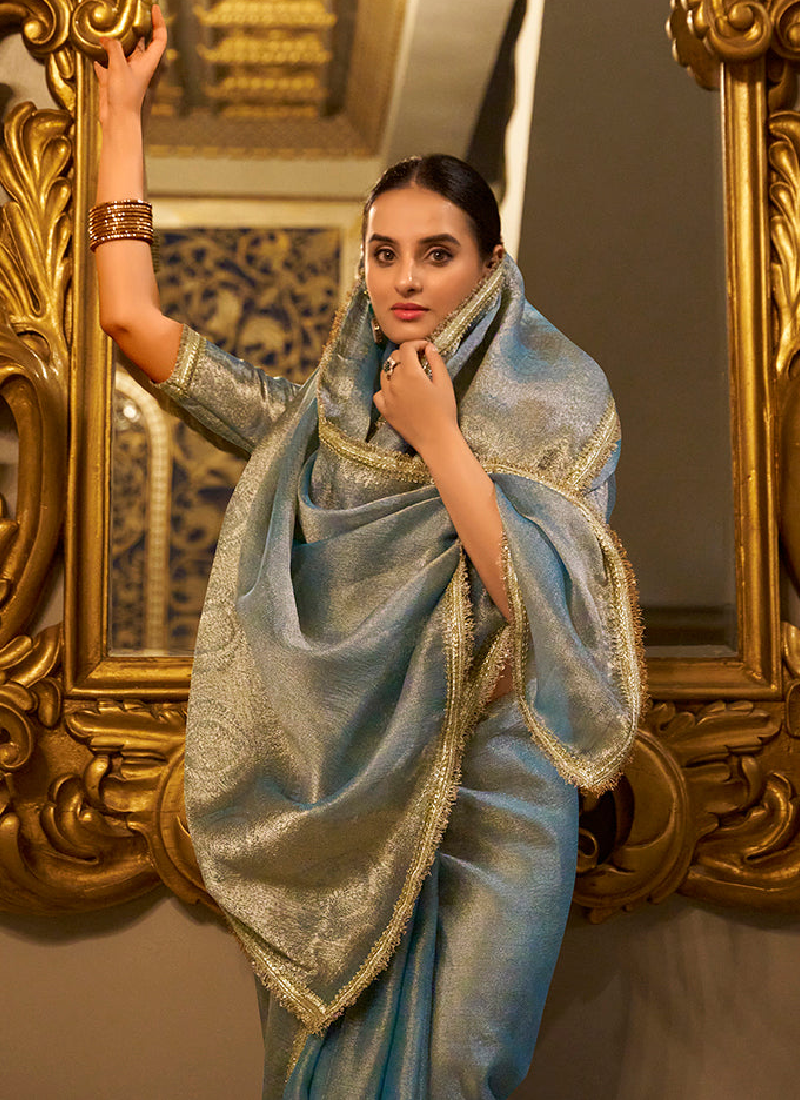 Gorgeous Tissue Silk Wedding Wear Zari Weaving Sky Blue Saree