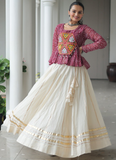Gota Patti Work Beige Lehenga With Bandhani Printed Maroon Kediya