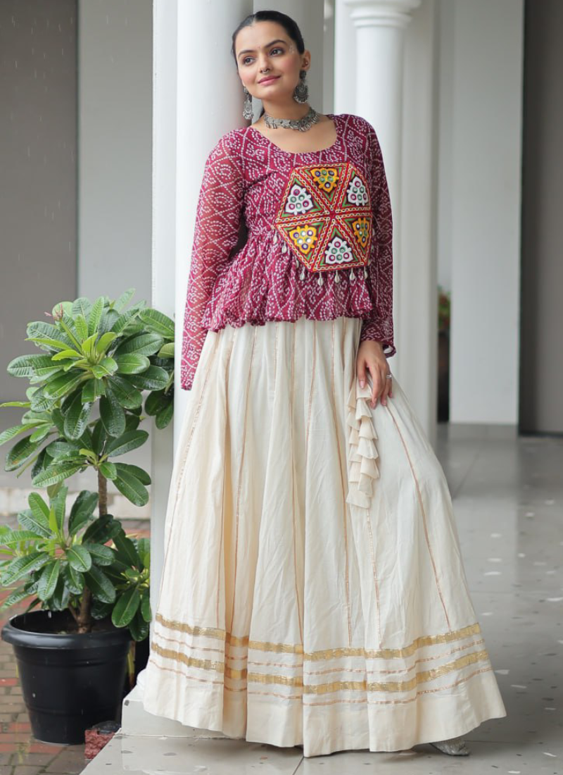 Gota Patti Work Beige Lehenga With Bandhani Printed Maroon Kediya