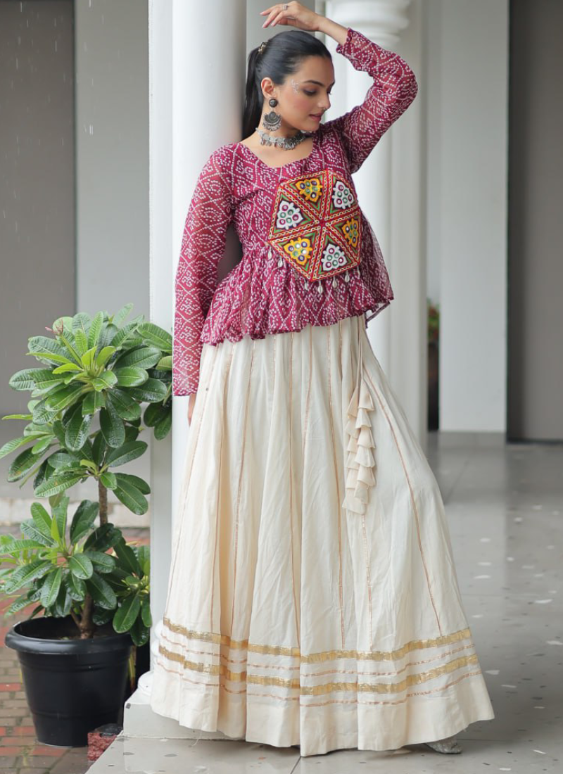 Gota Patti Work Beige Lehenga With Bandhani Printed Maroon Kediya
