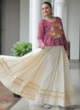 Gota Patti Work Beige Lehenga With Bandhani Printed Maroon Kediya