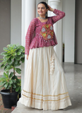 Gota Patti Work Beige Lehenga With Bandhani Printed Maroon Kediya