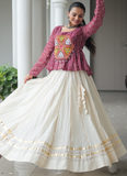 Gota Patti Work Beige Lehenga With Bandhani Printed Maroon Kediya
