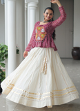Gota Patti Work Beige Lehenga With Bandhani Printed Maroon Kediya