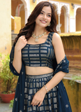 Graceful Heavy Sequence Embroidered Dark Blue Georgette Lehenga Choli