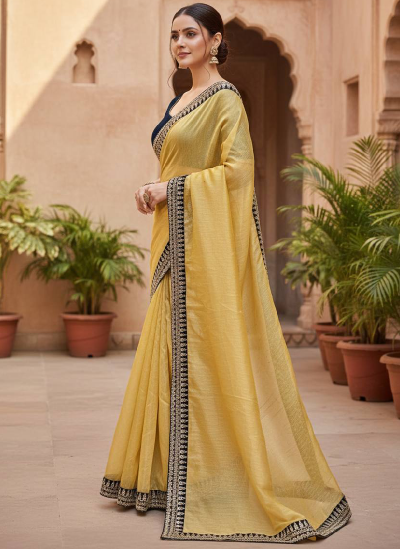 Graceful Mustard Yellow Net Saree With Zari sequence Embroidery Woek