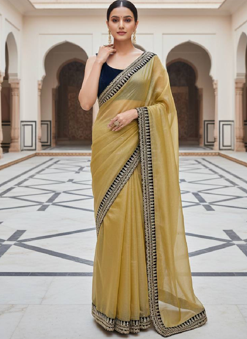 Graceful Mustard Yellow Net Saree With Zari sequence Embroidery Woek