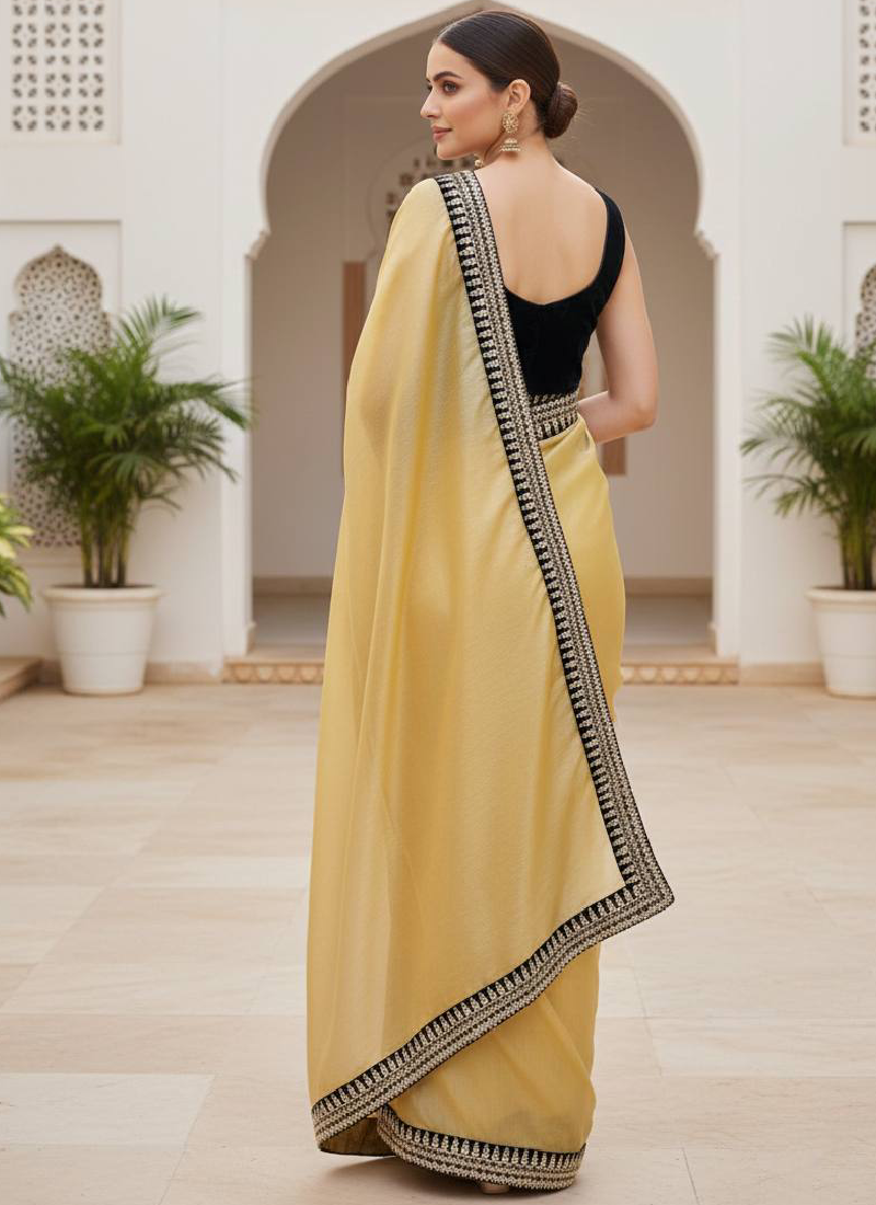 Graceful Mustard Yellow Net Saree With Zari sequence Embroidery Woek
