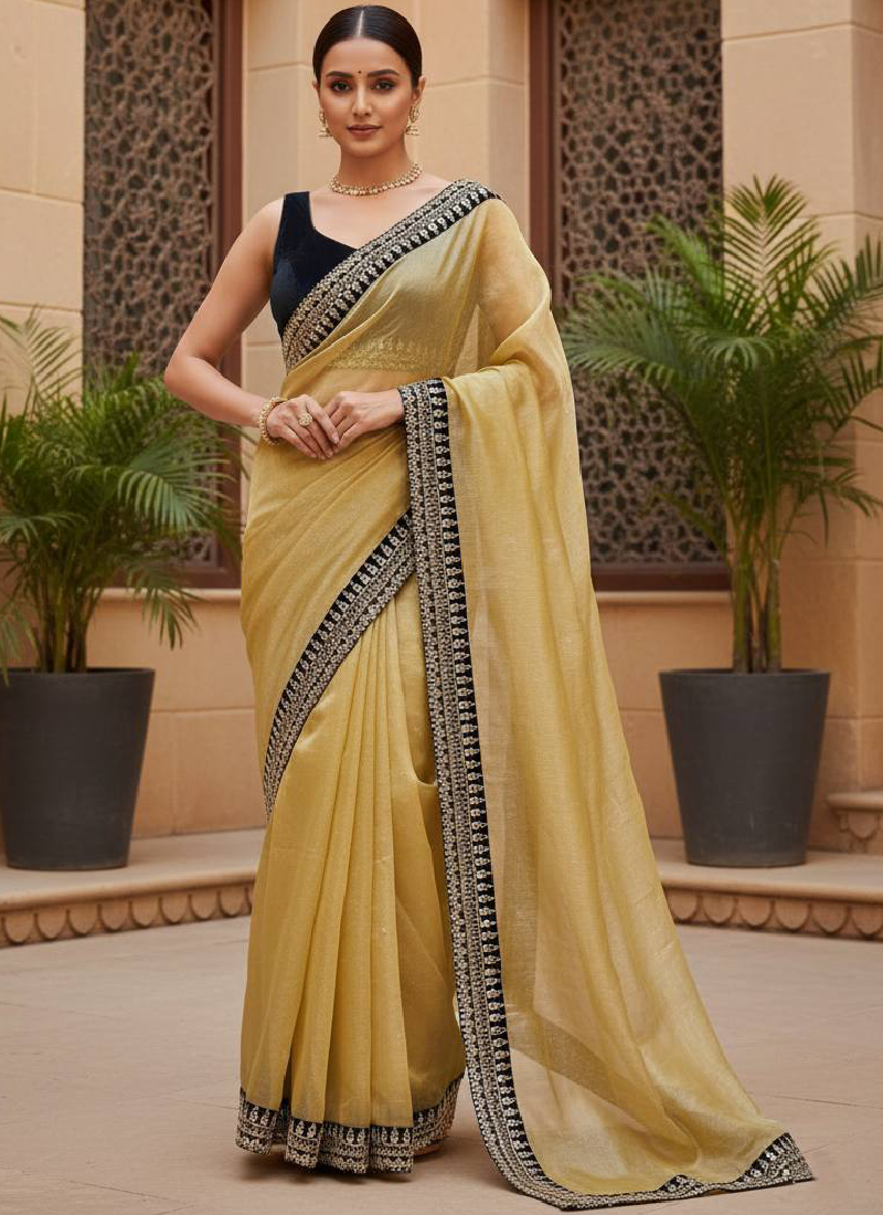 Graceful Mustard Yellow Net Saree With Zari sequence Embroidery Woek