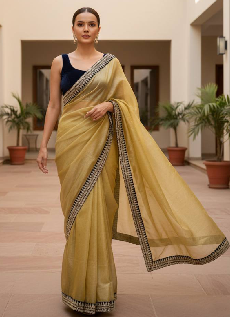 Graceful Mustard Yellow Net Saree With Zari sequence Embroidery Woek