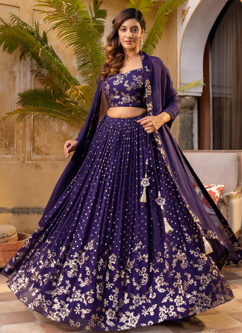 Graceful Sequence Embroidered Georgette Purple Lehenga Choli For Women