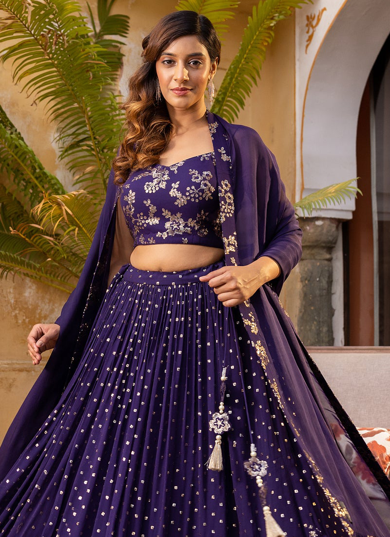 Graceful Sequence Embroidered Georgette Purple Lehenga Choli For Women