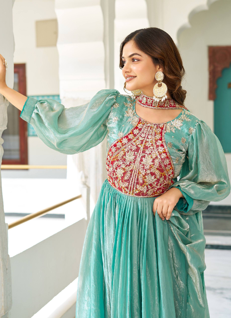 Grateful Occasion Wear Embroidered Green Silk Long Gown With Dupatta