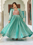 Grateful Occasion Wear Embroidered Green Silk Long Gown With Dupatta