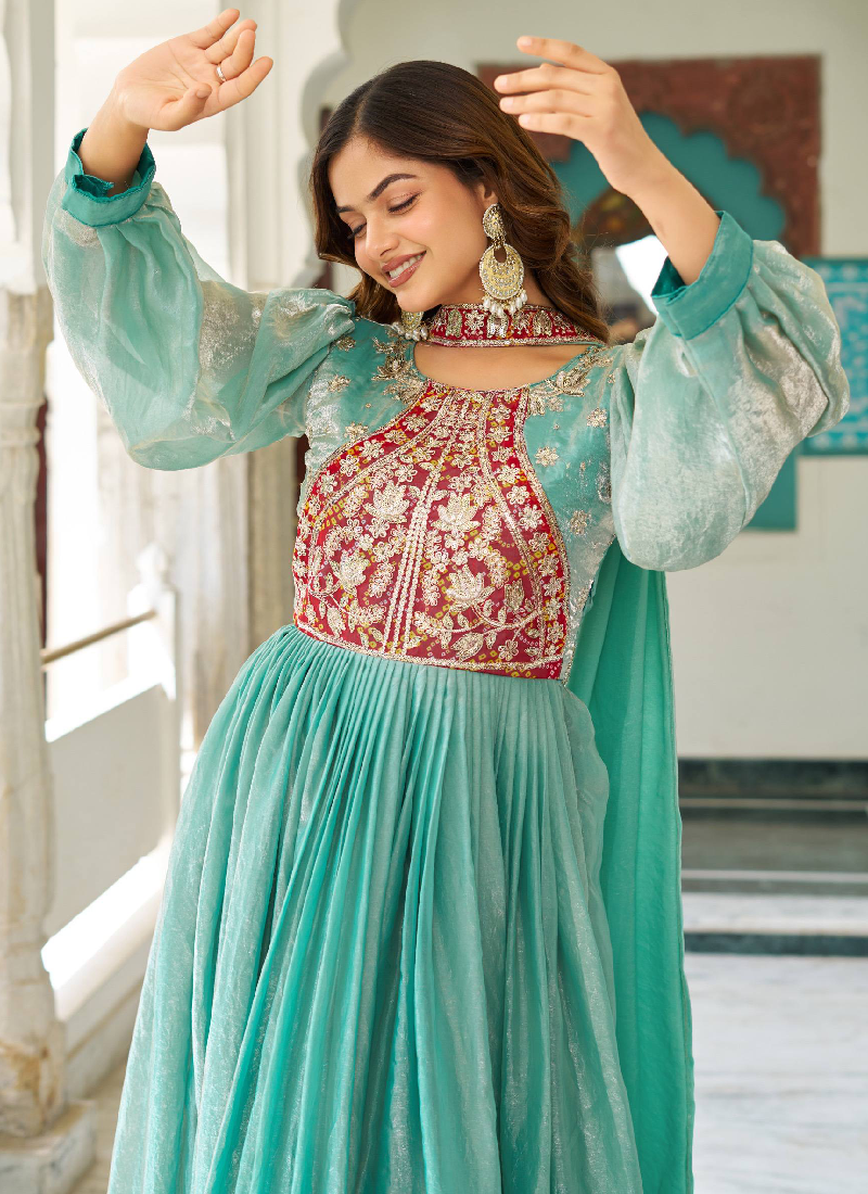 Grateful Occasion Wear Embroidered Green Silk Long Gown With Dupatta