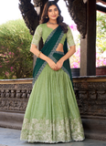Grateful Thread Embroidered Silk Pista Green Lehenga Choli