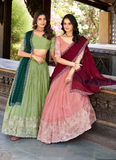 Grateful Thread Embroidered Silver Glossy Pista Green Lehenga Choli
