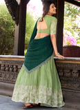 Grateful Thread Embroidered Silver Glossy Pista Green Lehenga Choli