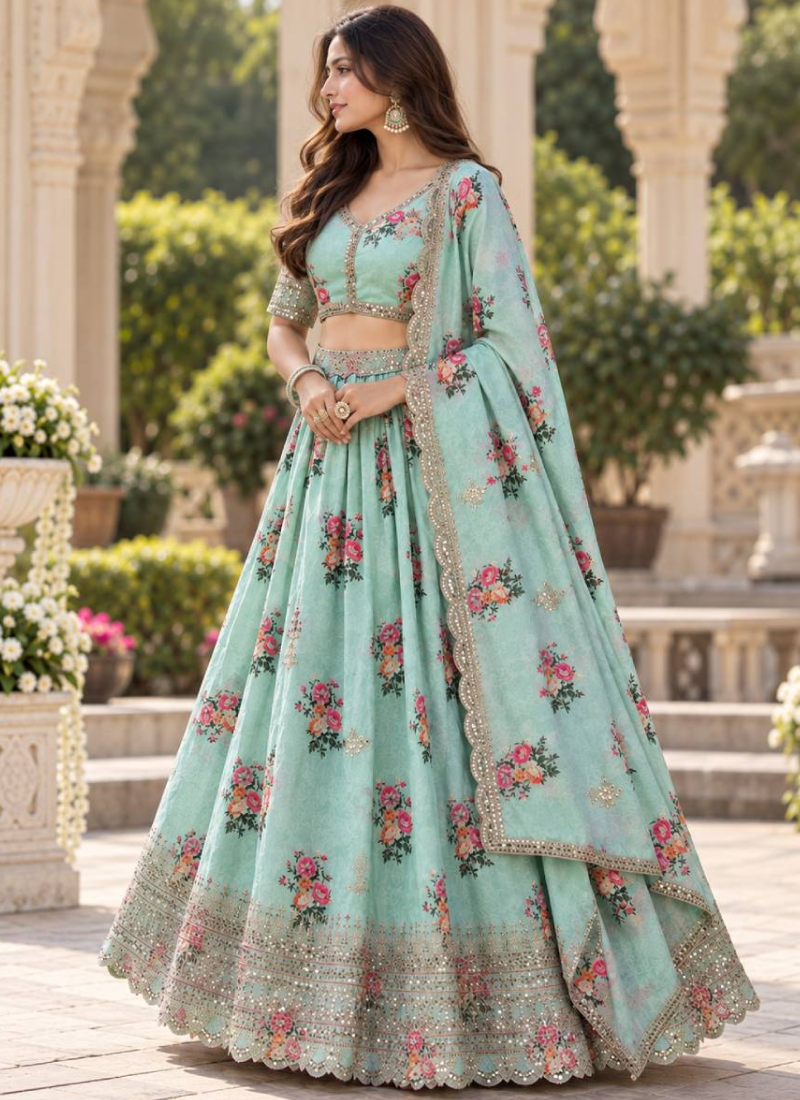 Green Floral Digital Print Georgette Sequence Embroidery Lehenga Choli