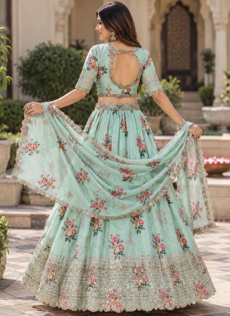 Green Floral Digital Print Georgette Sequence Embroidery Lehenga Choli