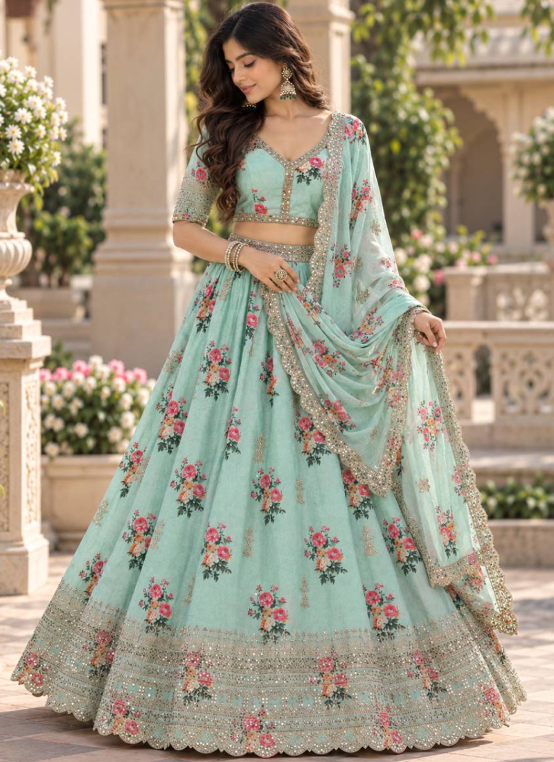 Green Floral Digital Print Georgette Sequence Embroidery Lehenga Choli