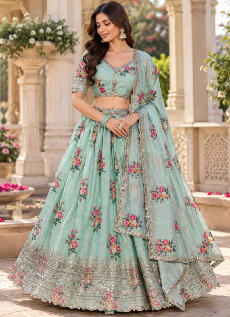 Green Floral Digital Print Georgette Sequence Embroidery Lehenga Choli