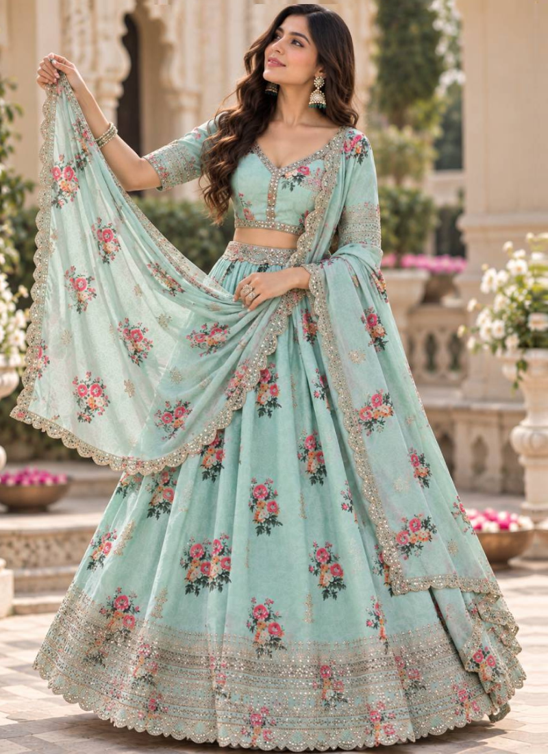 Green Floral Digital Print Georgette Sequence Embroidery Lehenga Choli